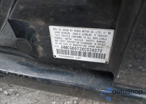 1999 Honda Accord Ex из США, поврежденный, VIN JHMCG6673XC034070